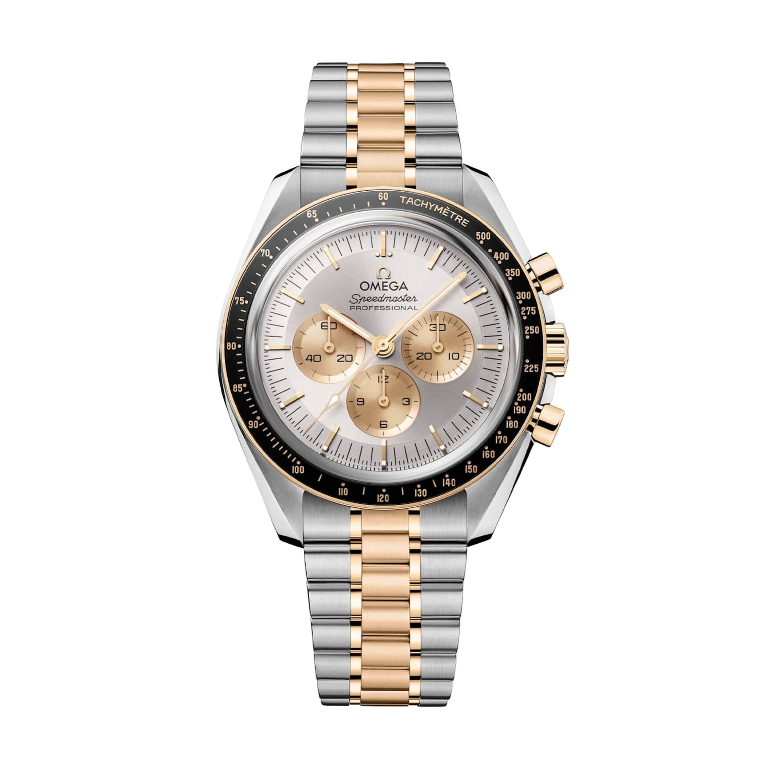Omega Speedmaster Professional chronograph with a two-tone steel and rose gold bracelet, silver dial, and black tachymeter bezel
