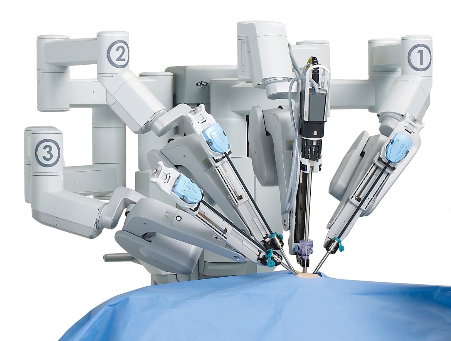 A da Vinci robotic surgical system with multiple arms positioned over a surgical drape, demonstrating its use in minimally invasive procedures