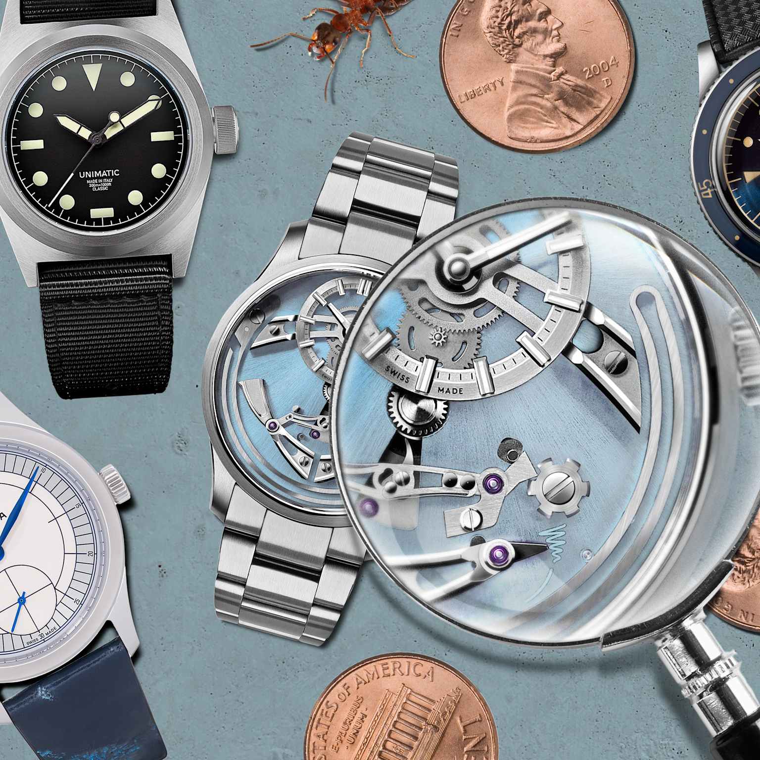 A collection of microbrand watches, including a Unimatic diver and a skeletonized timepiece, highlighting their diverse designs and intricate movements