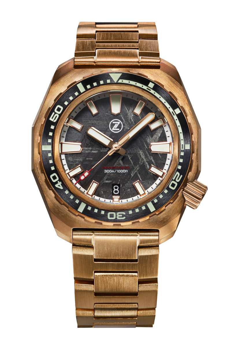 A Zelos Abyss 3 3000M watch with a bronze case and meteorite dial, exemplifying the distinctive designs of microbrand timepieces