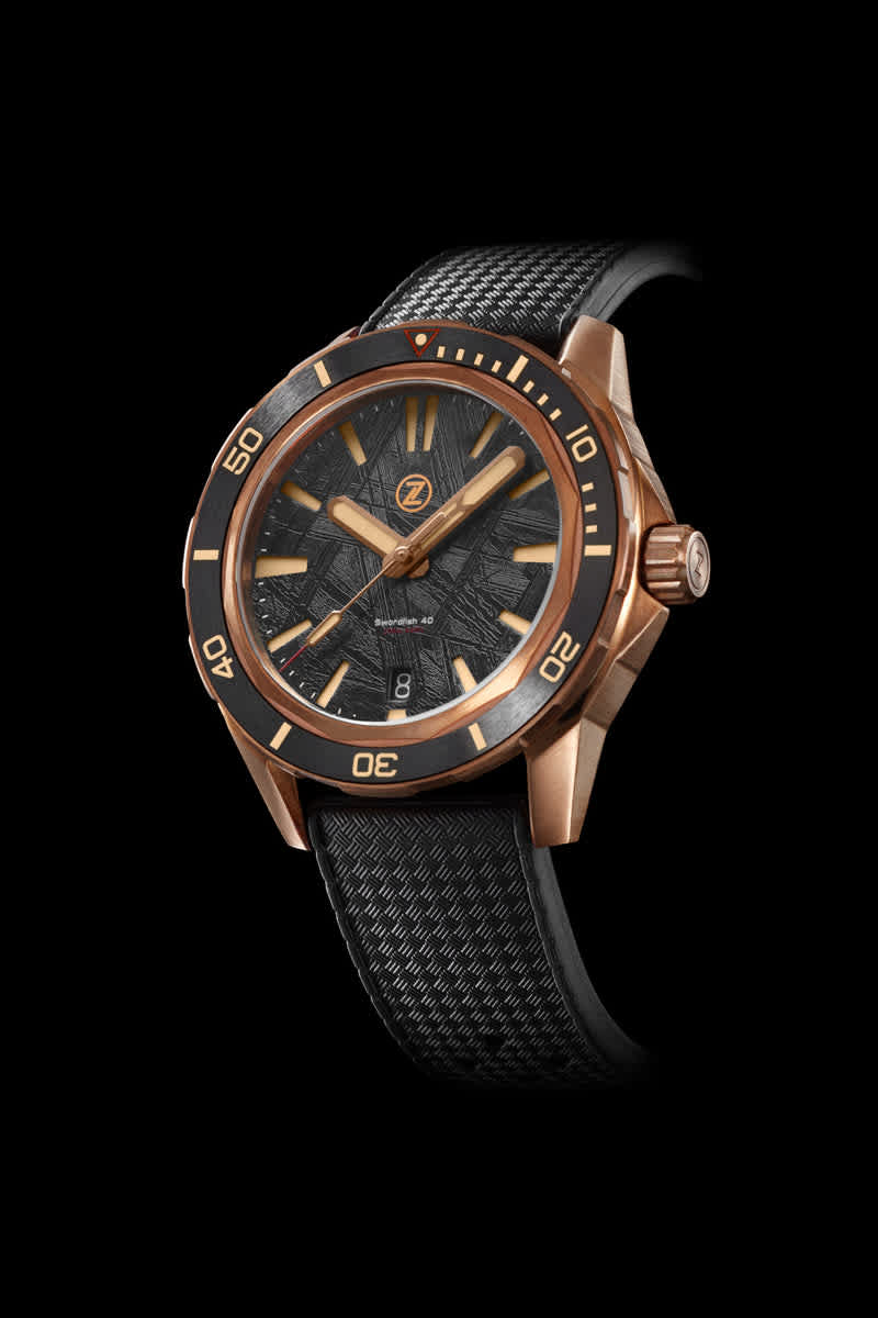 The Zelos Swordfish 40mm Bronze Meteorite watch, featuring a bronze case and a unique meteorite dial