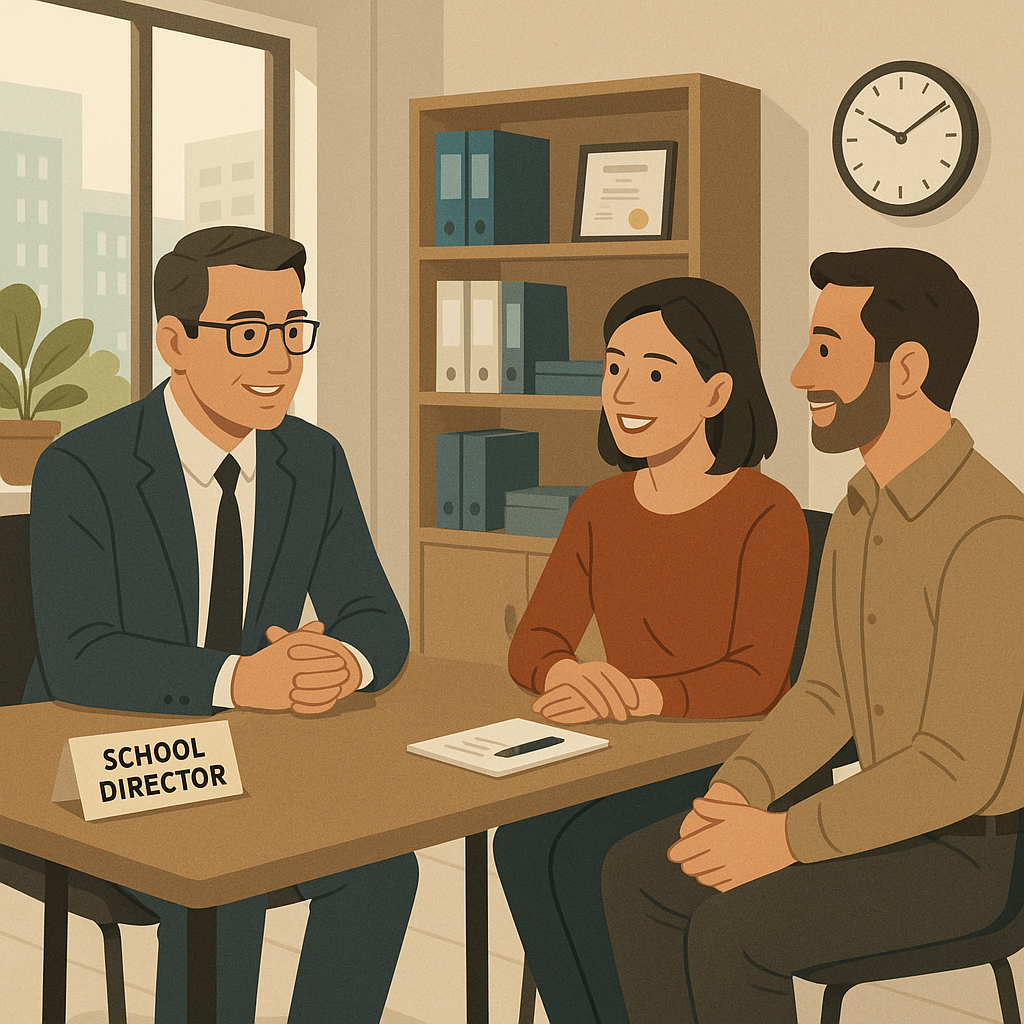 Ilustração representando diálogo construtivo entre direção escolar e pais