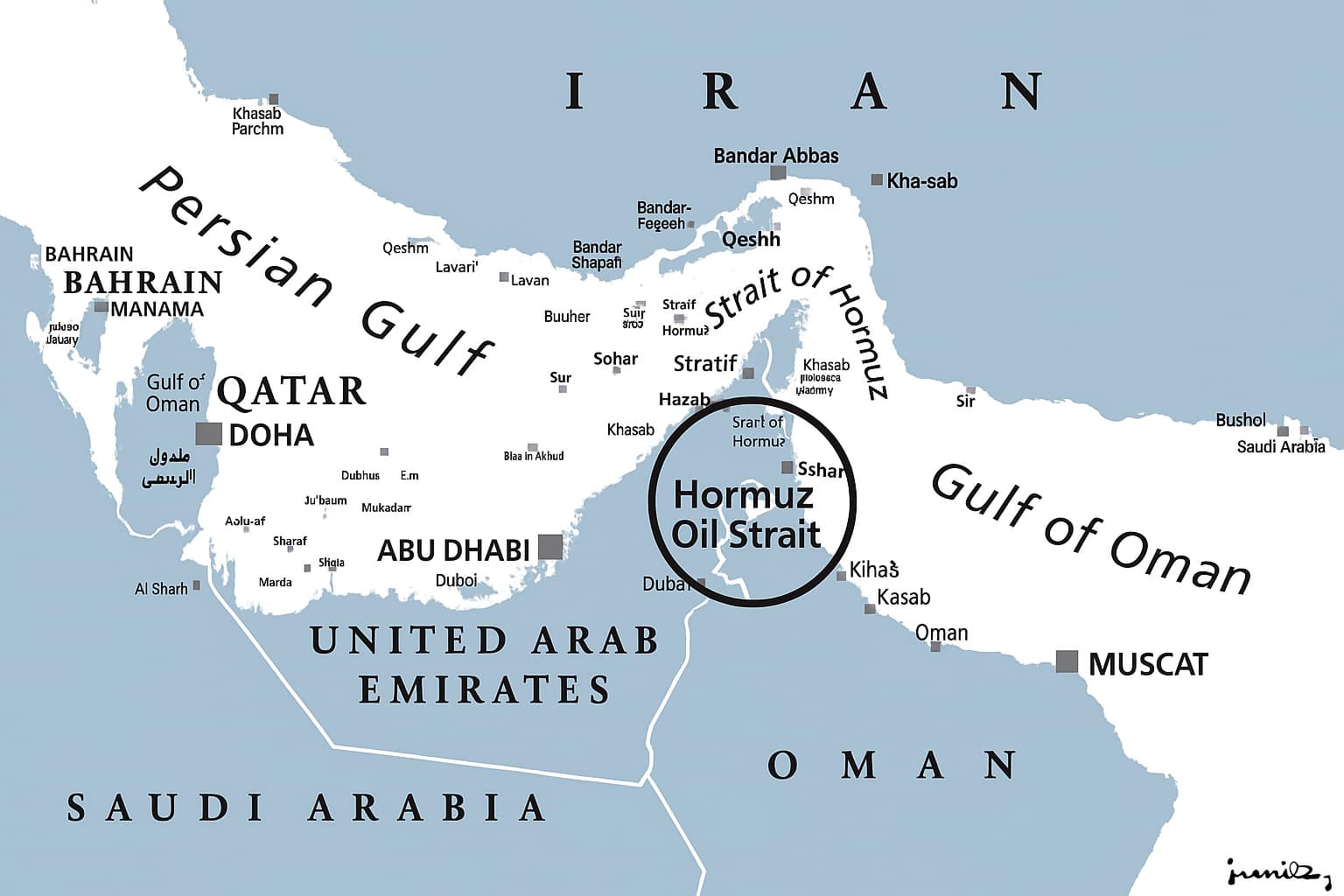Map illustrating the Strait of Hormuz, a critical oil transit chokepoint, and the surrounding countries of the Persian Gulf, including GCC member states and Iran