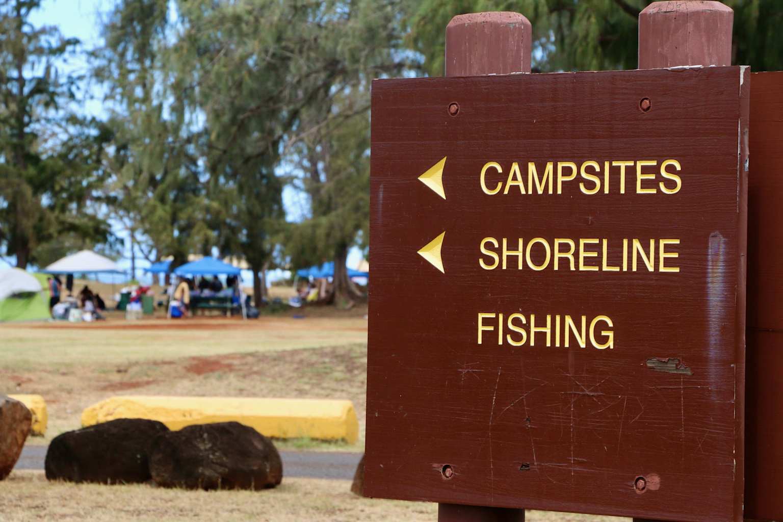 A brown wooden sign directs visitors to campsites, the shoreline, and fishing areas in a Hawaiian park