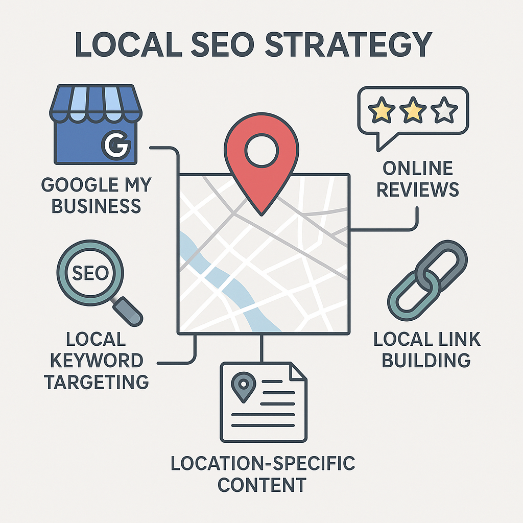 Infographic illustrating key elements of a Local SEO Strategy.