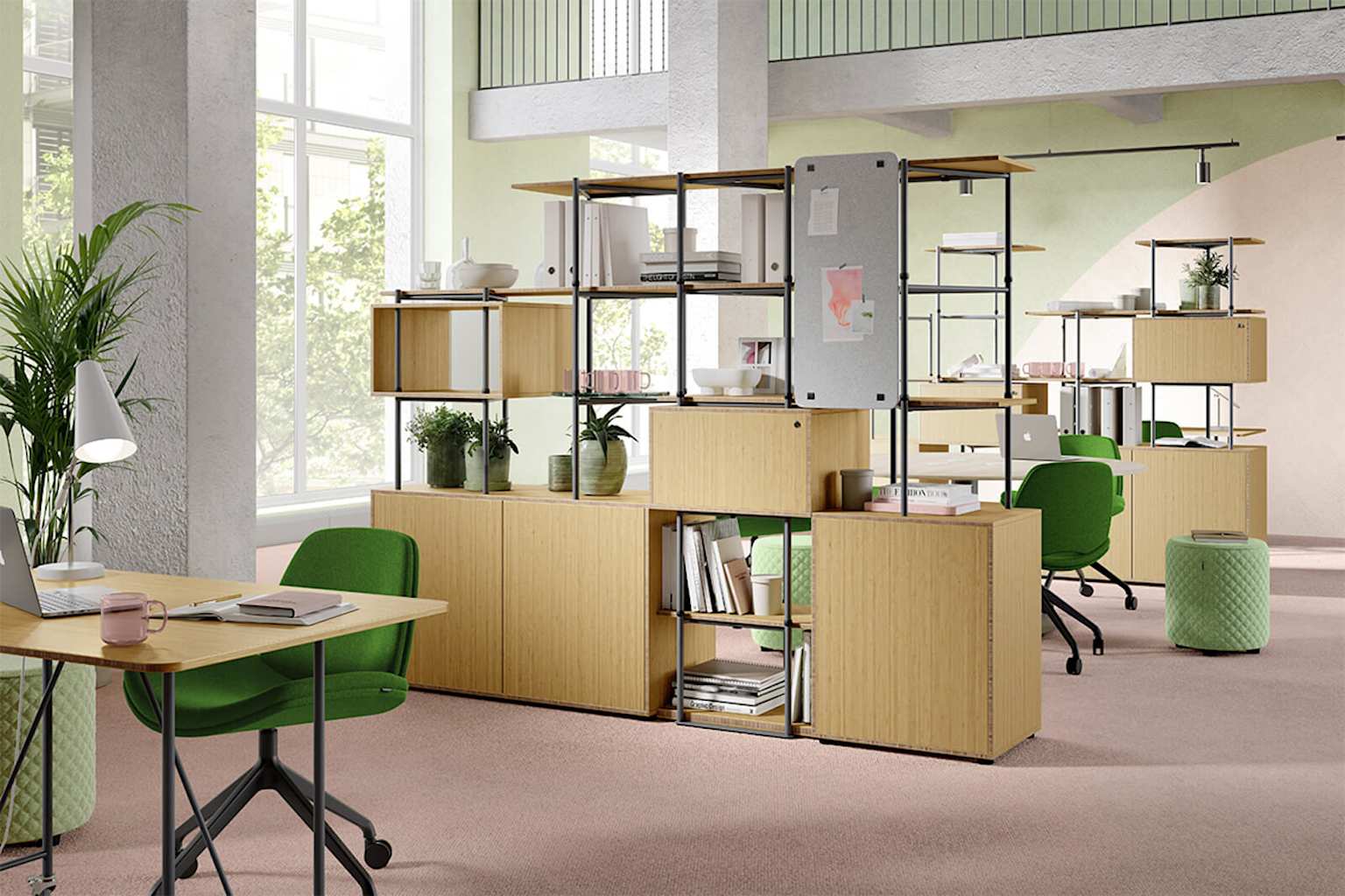A contemporary office space showcasing modular bamboo furniture and ergonomic green chairs, highlighting sustainable and functional design