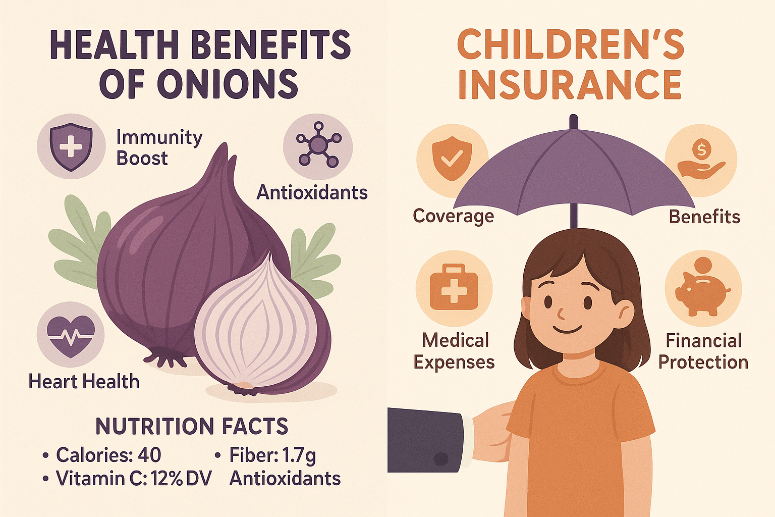 Infographic combining onion health benefits and children's insurance information