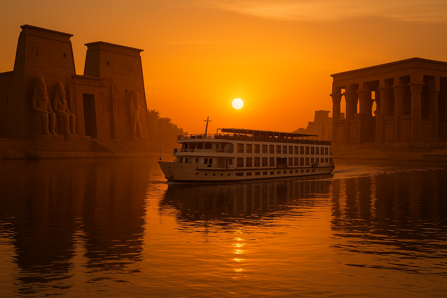 Luxurious Nile River cruise ship gliding past ancient temples at golden hour