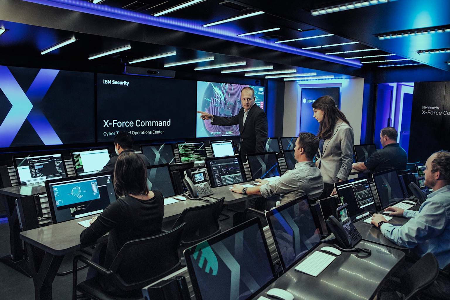 IBM Security's X-Force Command cyber tactical operations center actively monitoring and managing cyber threats