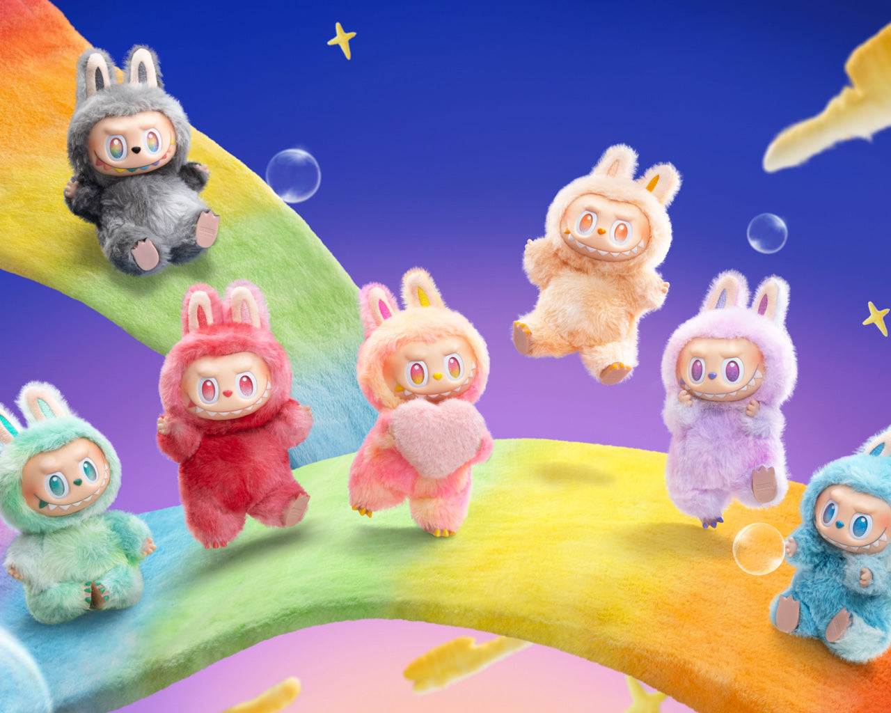 A collection of fluffy Labubu figures from the Big Into Energy series, including the grey plush variant, arranged on a rainbow arch