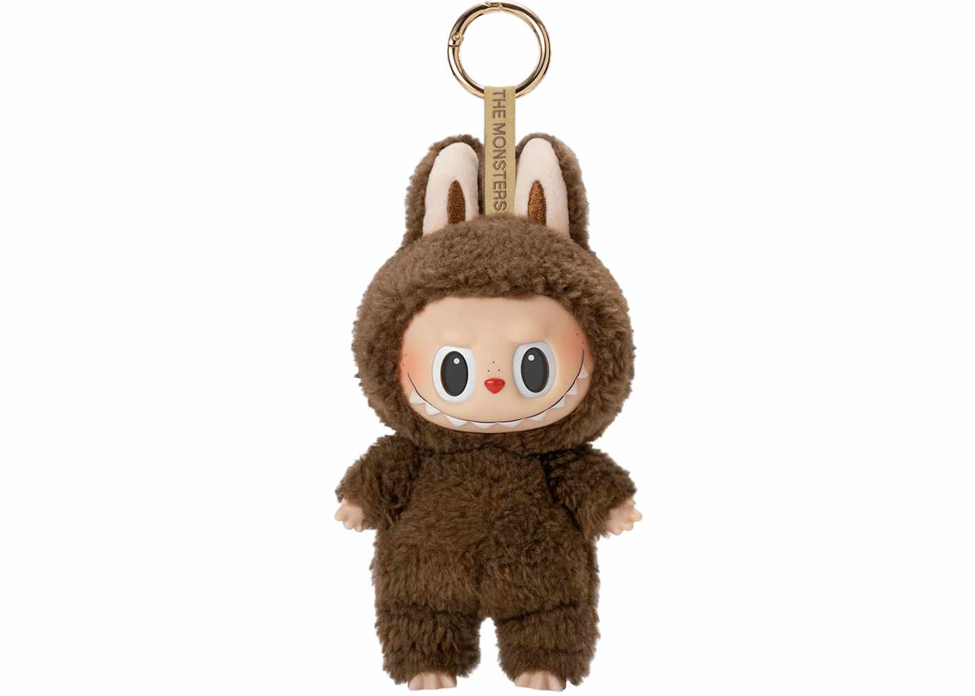 A brown fuzzy Labubu character keychain with a red nose and jagged teeth from "The Monsters" series