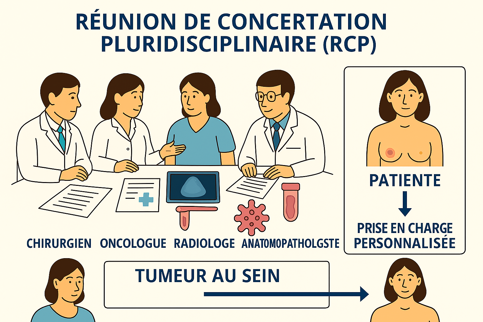 Illustration du rôle de la RCP dans le cancer du sein avec patiente et tumeur sur un sein