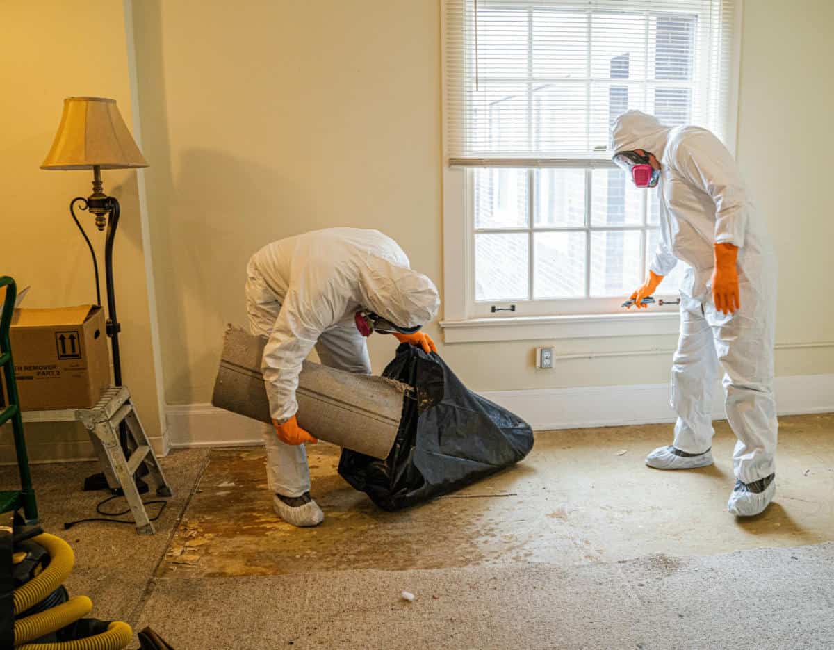 Cleanup specialists in protective suits remove contaminated materials from a damaged indoor area