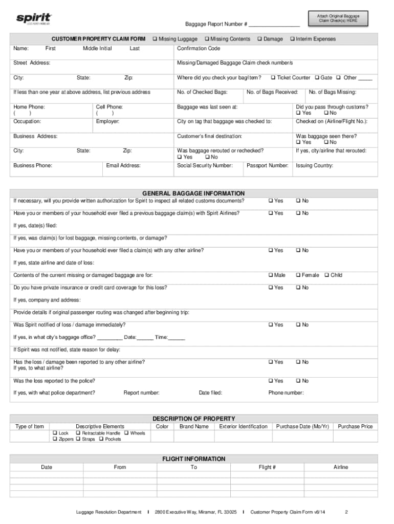 Customer property claim form from Spirit Airlines for reporting lost or damaged baggage, illustrating insurance documentation and claim form details