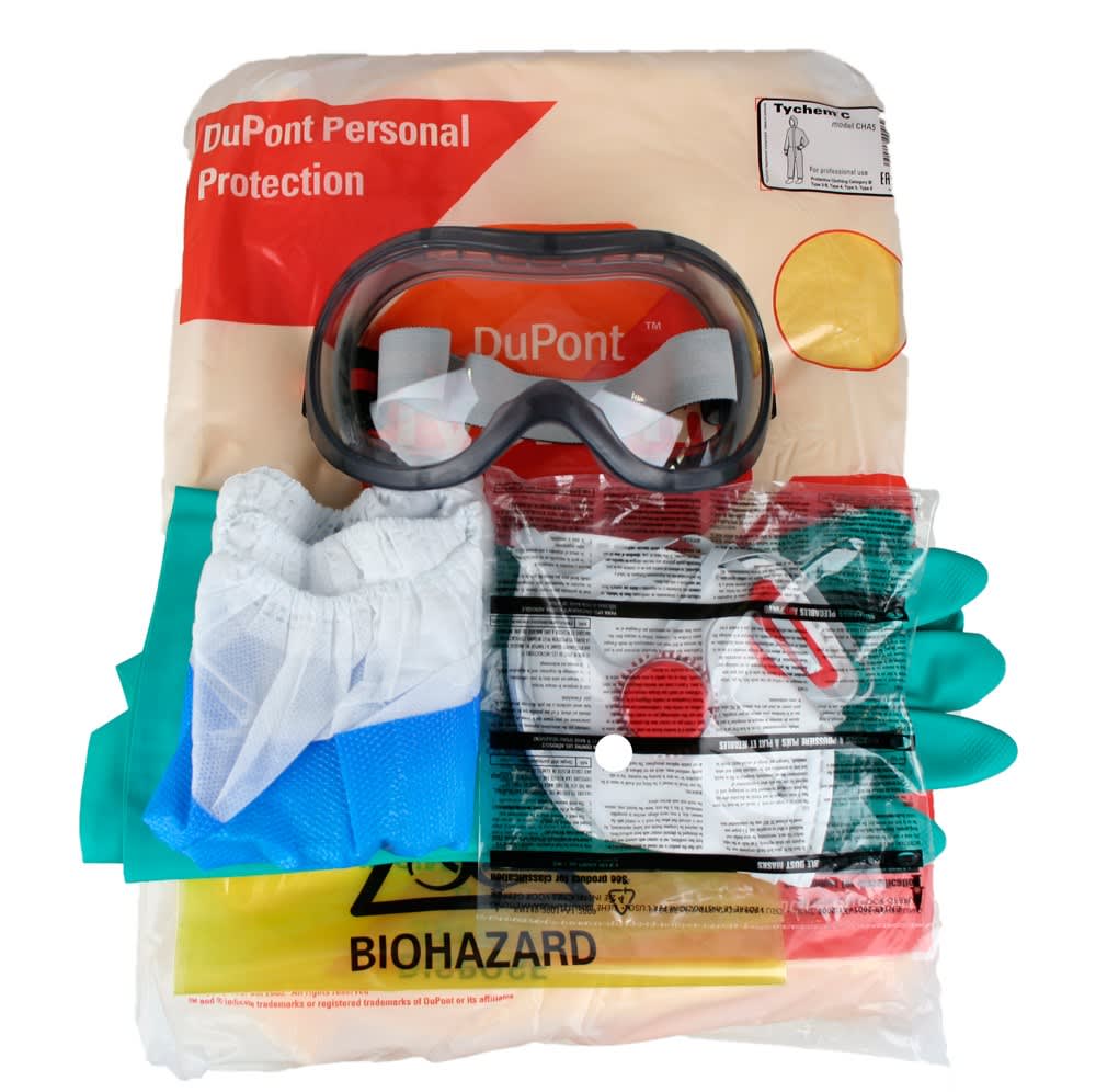 A professional biohazard personal protection kit, including a protective suit, goggles, gloves, and boot covers, essential for safe cleanup operations