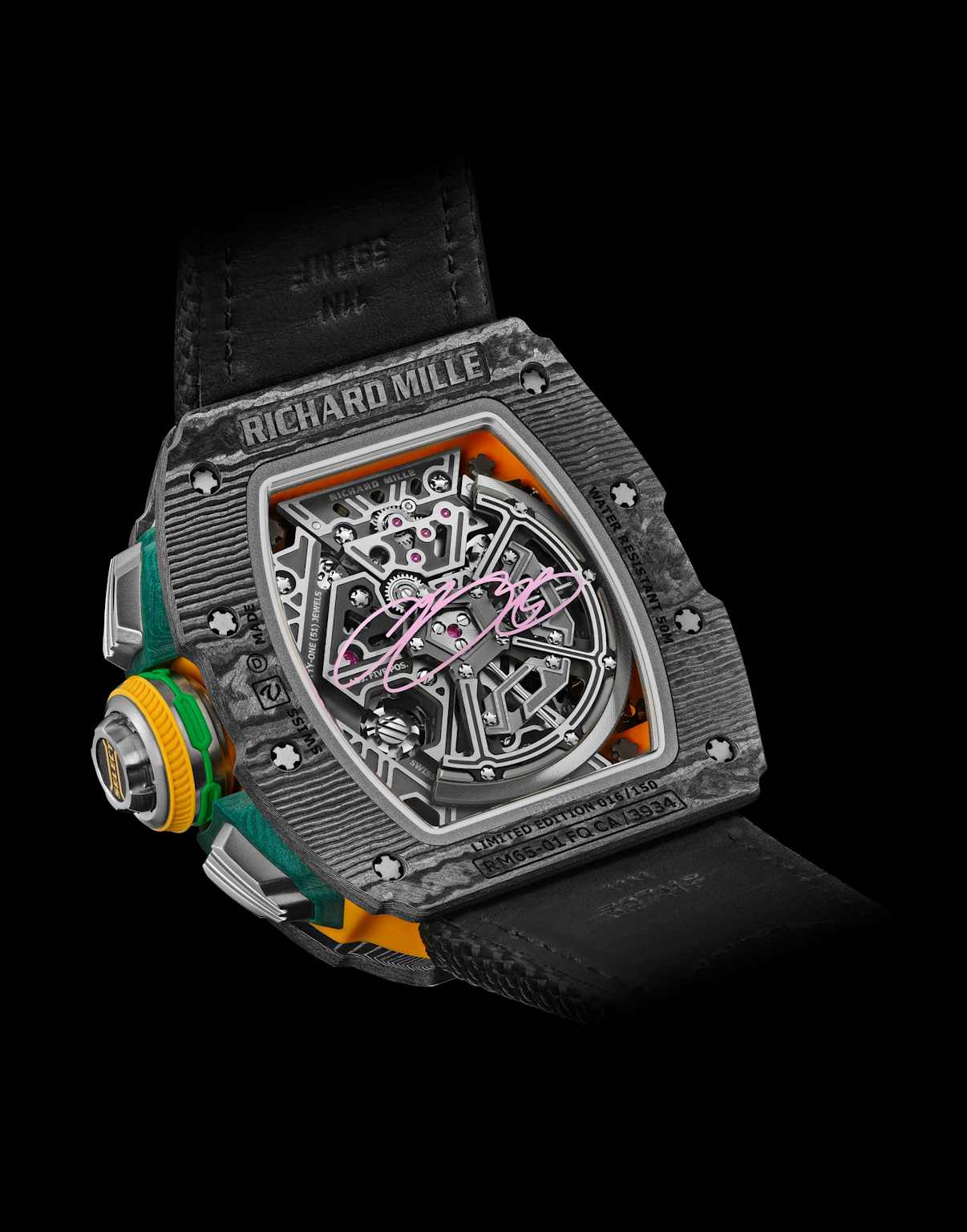A close-up view of the Richard Mille RM 65-01 watch, featuring the limited edition number 016/150 and LeBron James's signature