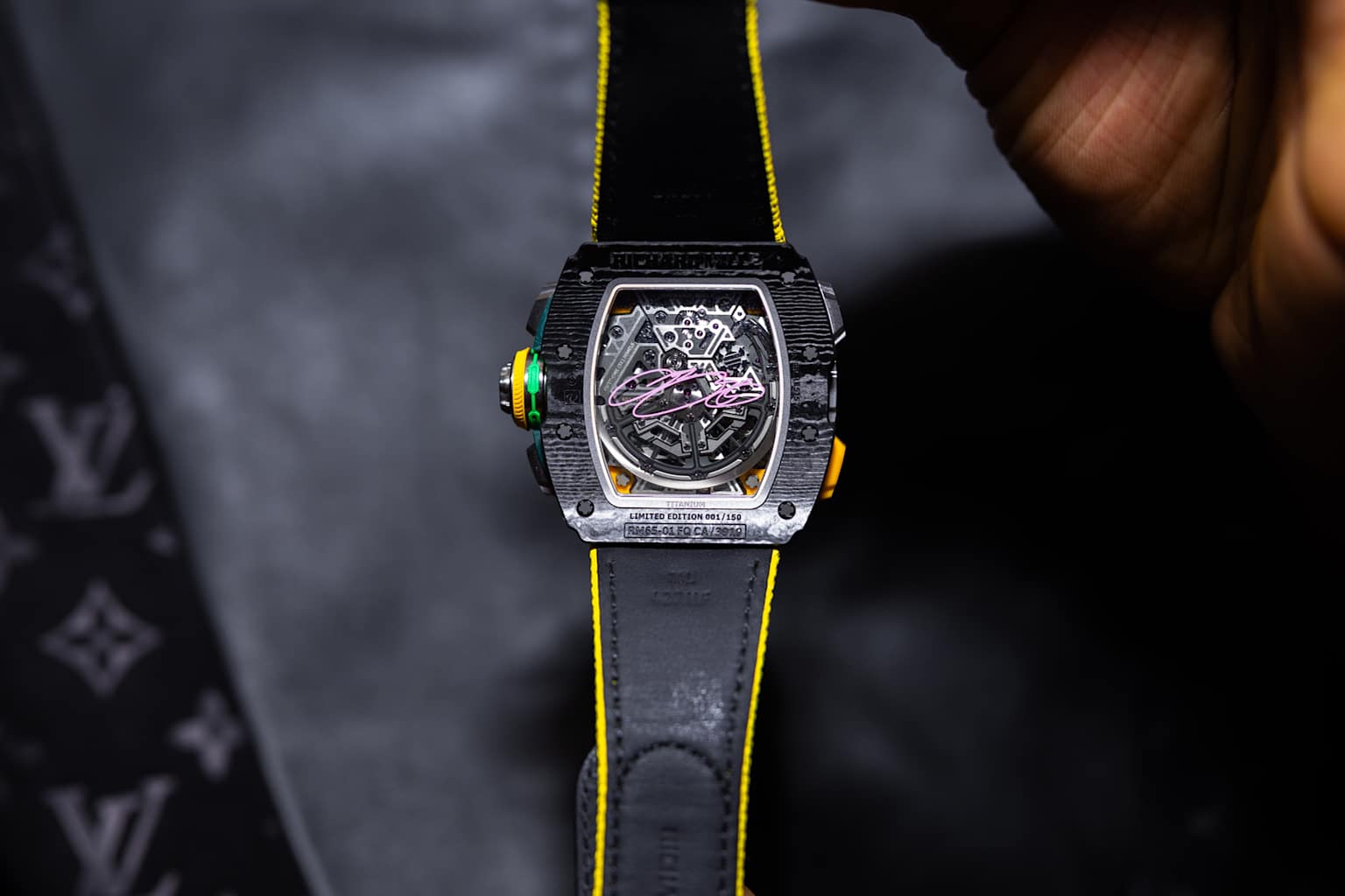 Rear view of the limited edition Richard Mille RM 65-01 watch with LeBron James's signature on the transparent case back