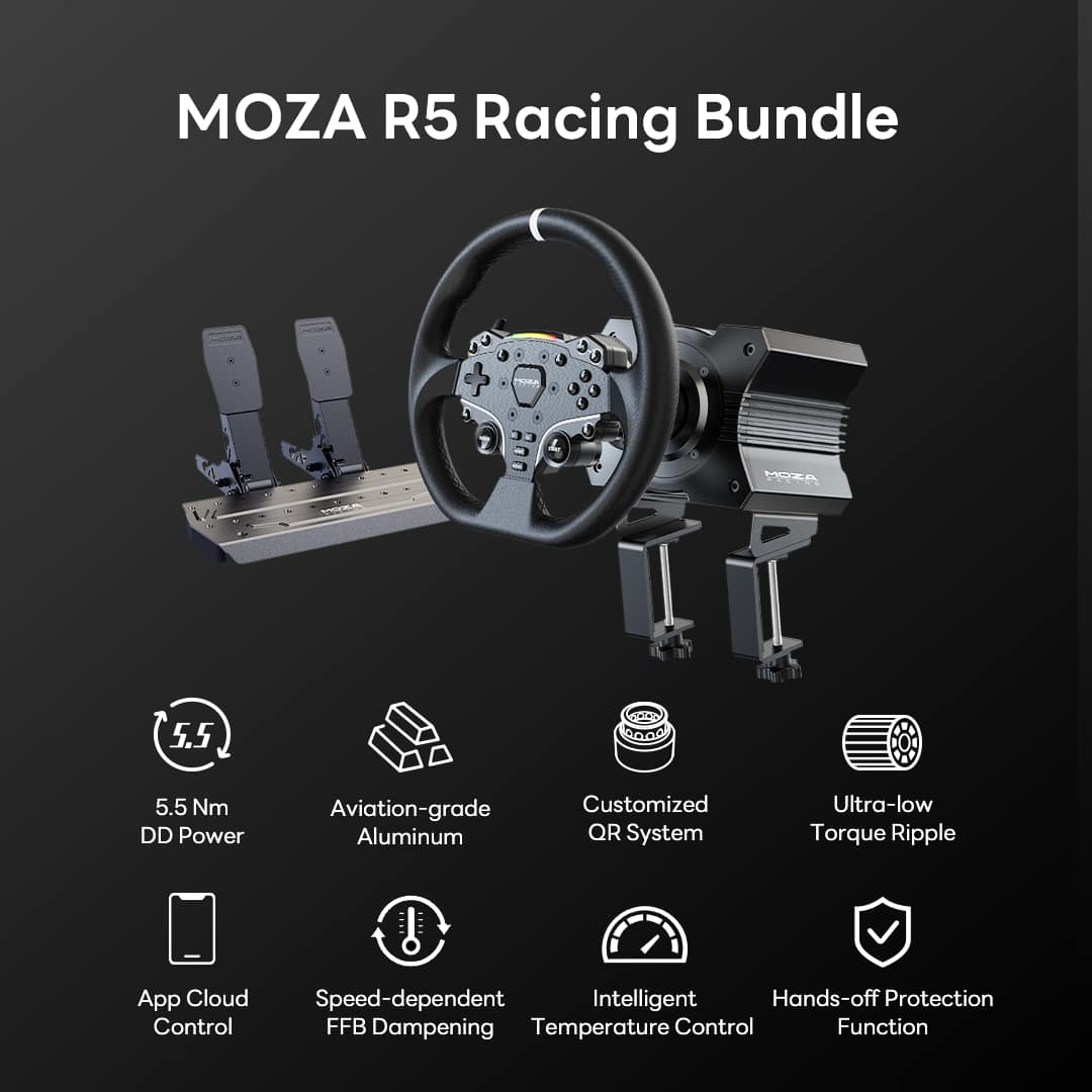 The MOZA R5 Racing Bundle, featuring a direct drive wheelbase, racing wheel, and pedals, highlighting its core technical specifications