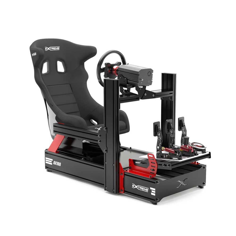 A high-end sim racing cockpit featuring a black aluminum profile frame, racing seat, direct drive steering wheel, and a professional pedal set