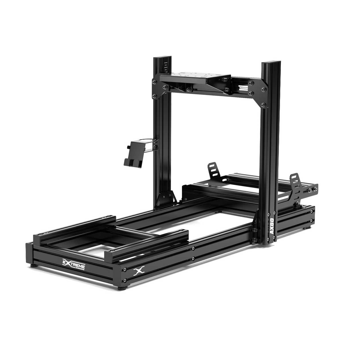 A black 8020 aluminum profile sim racing cockpit rig on a white background