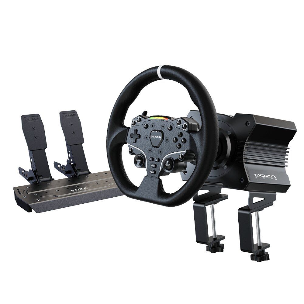 The Moza Racing R5 bundle features a direct-drive wheelbase, racing wheel, and two-pedal set