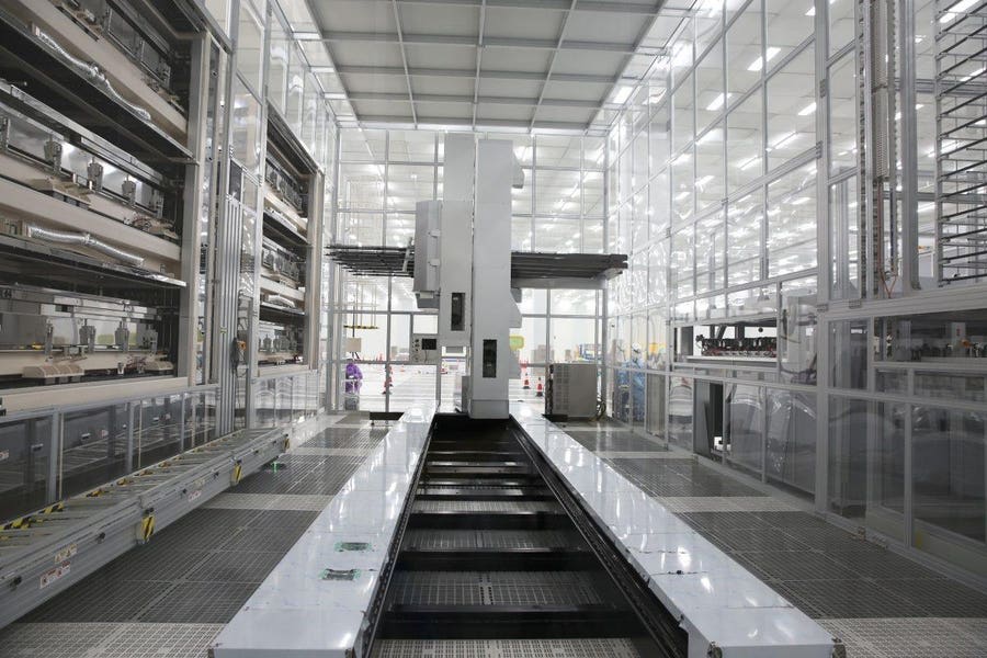 Automated production line in a cleanroom environment at a display manufacturing facility