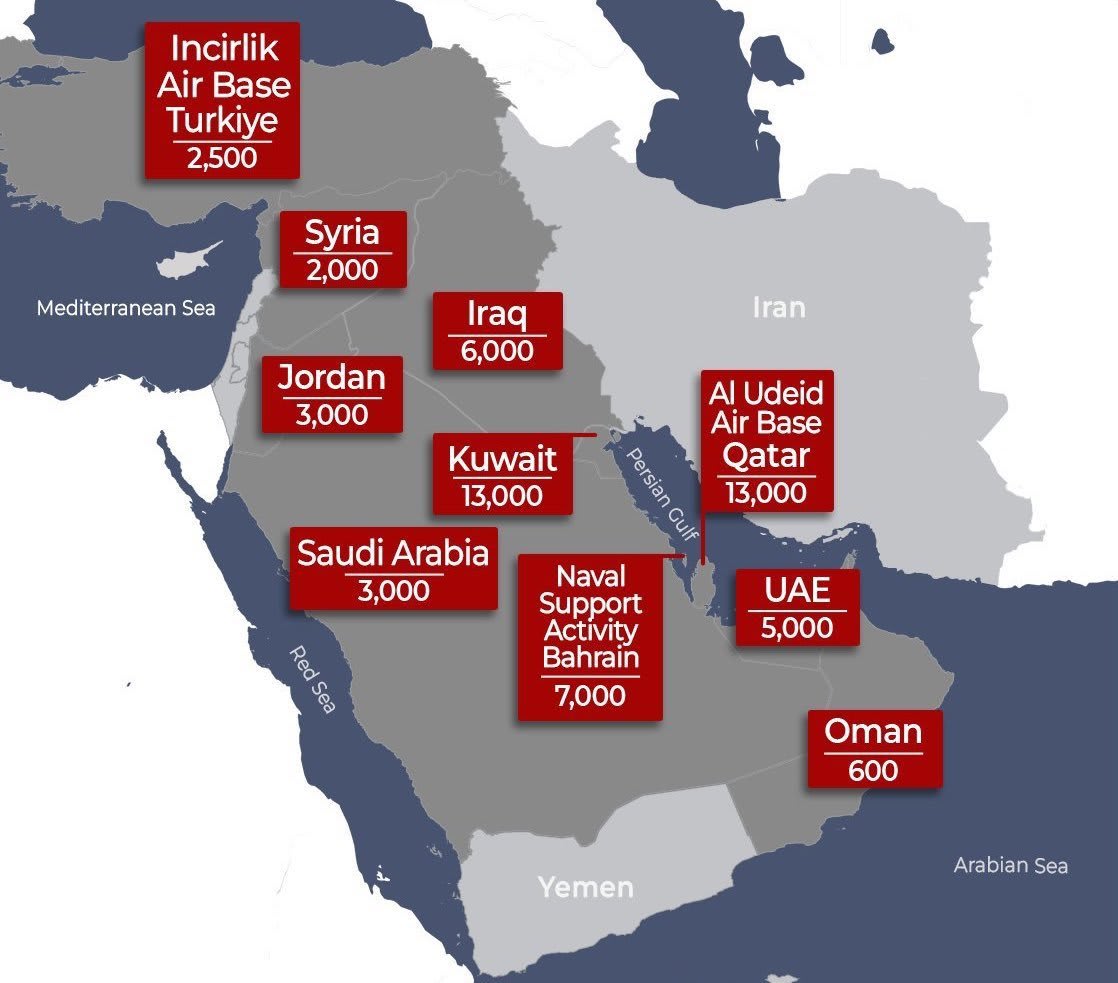 Map showing US military bases and troop presence across the Middle East, including Gulf Cooperation Council (GCC) member states