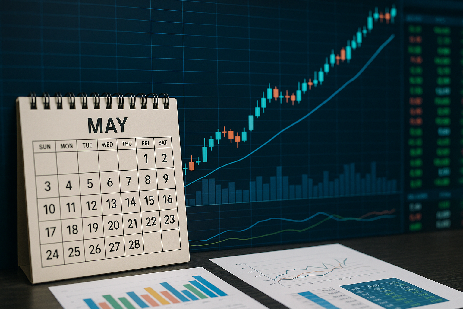 Stock market calendar concept showing May trading strategy