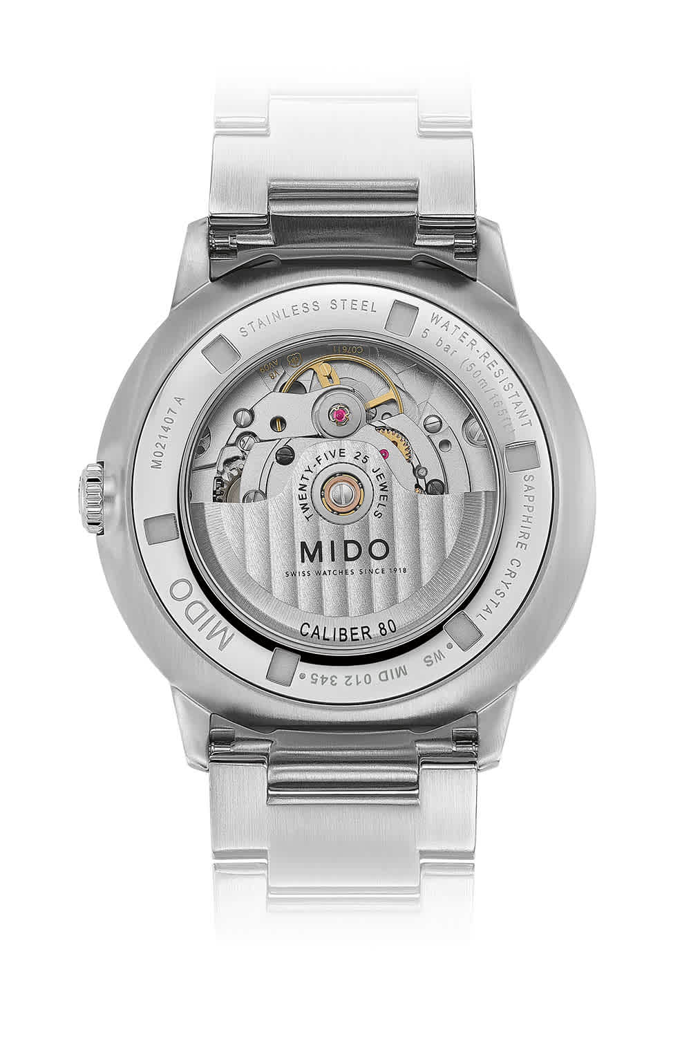 Rear view of a Mido watch displaying the automatic Caliber 80 movement through its sapphire crystal exhibition case back