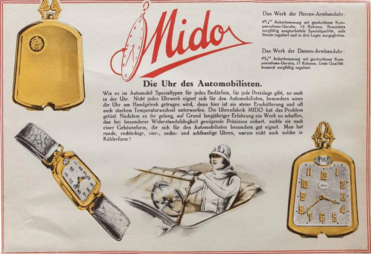 Vintage Mido watch advertisement featuring wristwatch, pocket watch, and a driver in a car