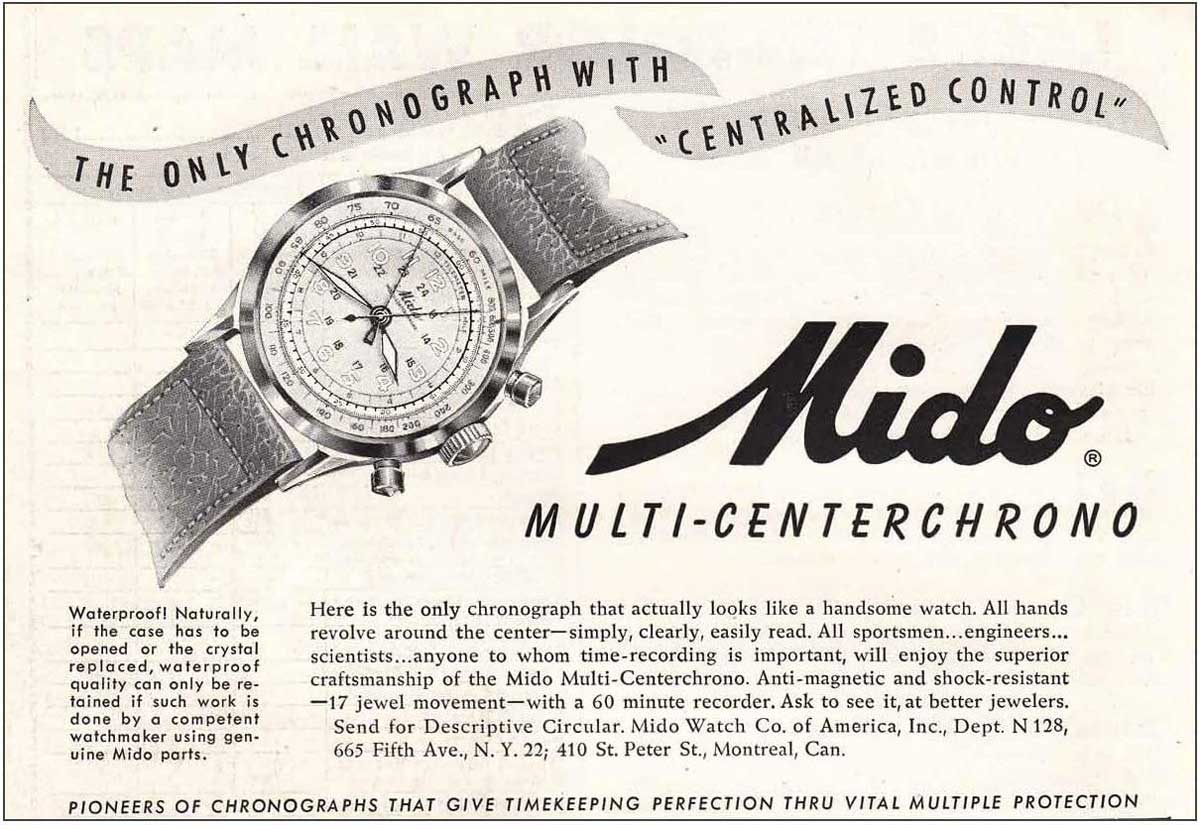 Vintage advertisement for the Mido Multi-Centerchrono watch, highlighting its unique 'centralized control' chronograph feature