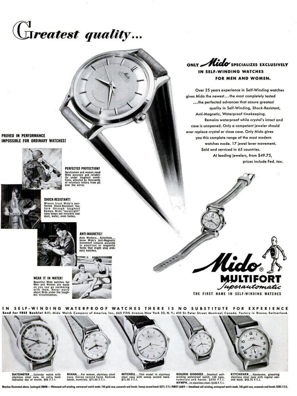 Vintage Mido Multifort Superautomatic advertisement highlighting the brand's focus on durable, self-winding watches for men and women