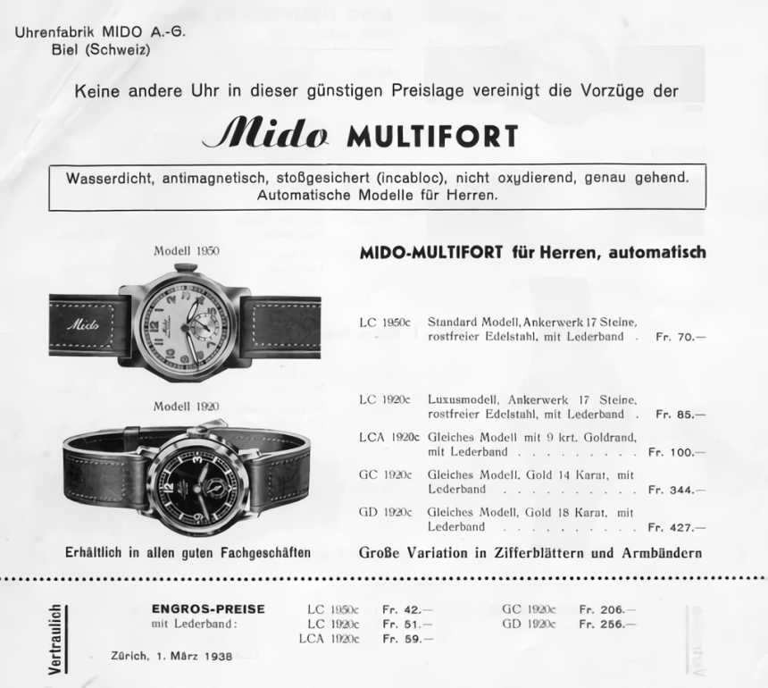 A Mido Multifort watch advertisement from March 1, 1938, featuring automatic men's models and highlighting their advanced features and pricing
