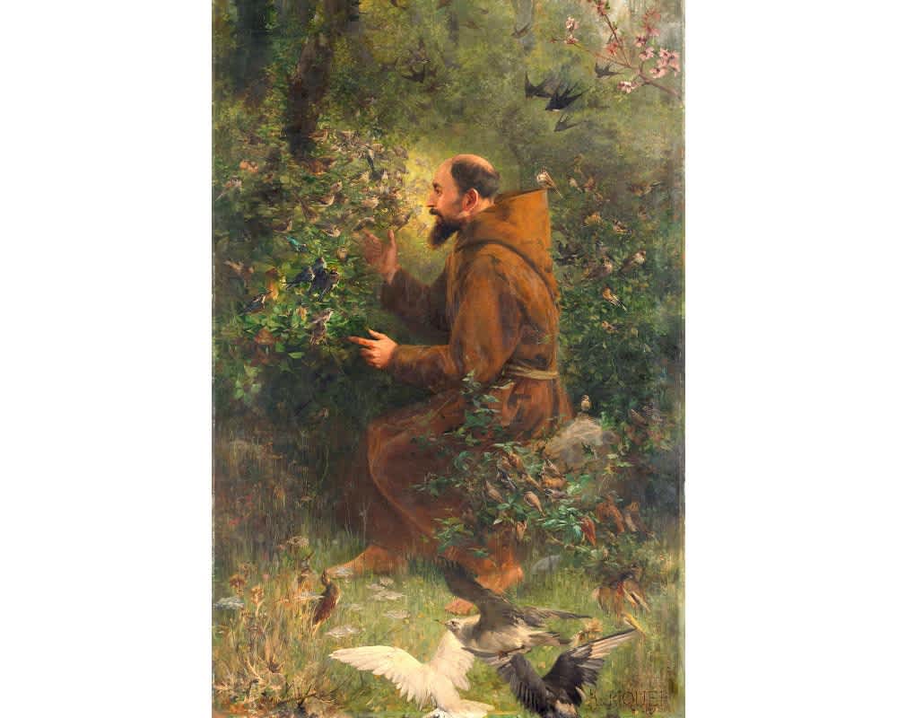 Saint Francis of Assisi depicted in a lush natural setting, surrounded by various birds