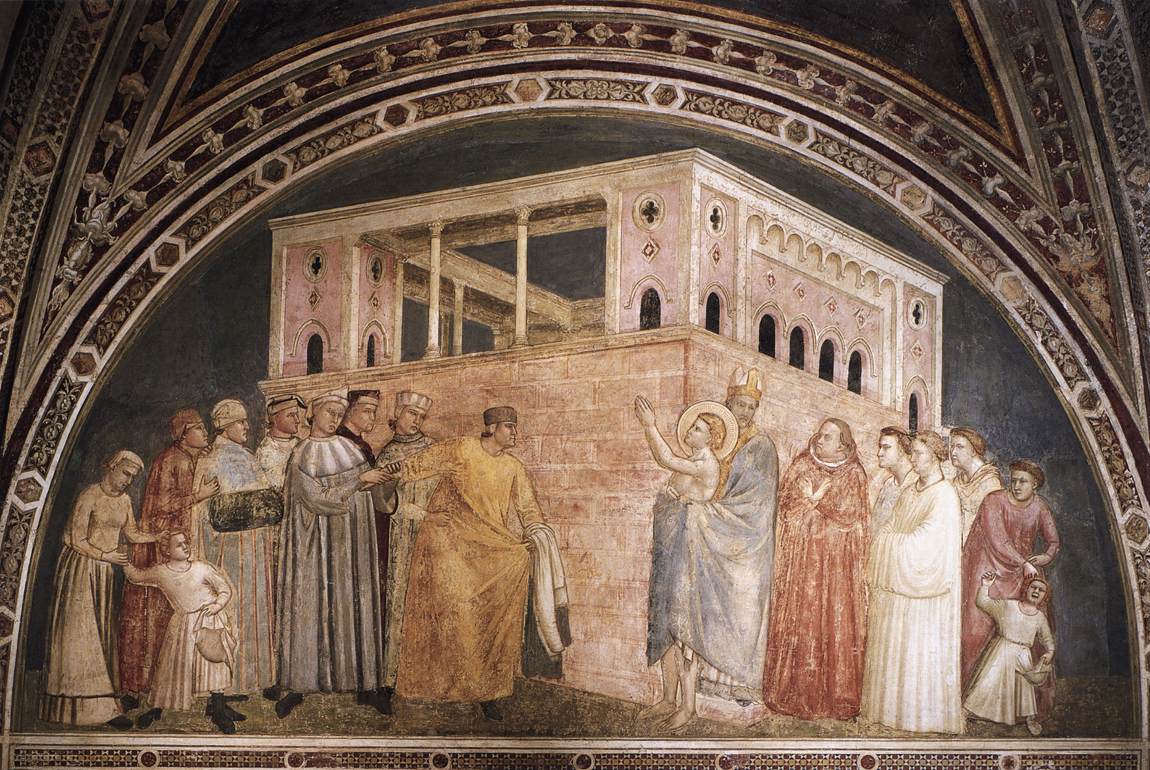 Saint Francis renounces his worldly goods, a pivotal moment in his spiritual journey, depicted in a medieval fresco