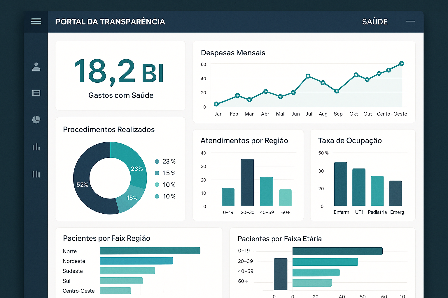 Dashboard moderno de transparência em saúde pública com dados e indicadores
