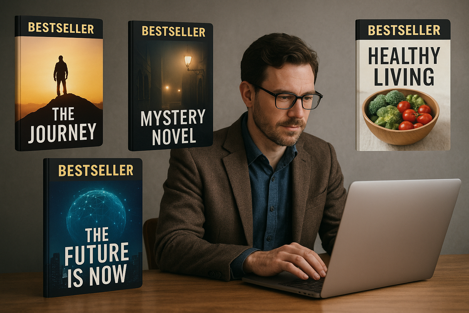 Author transforming knowledge into digital eBook empire with floating success elements