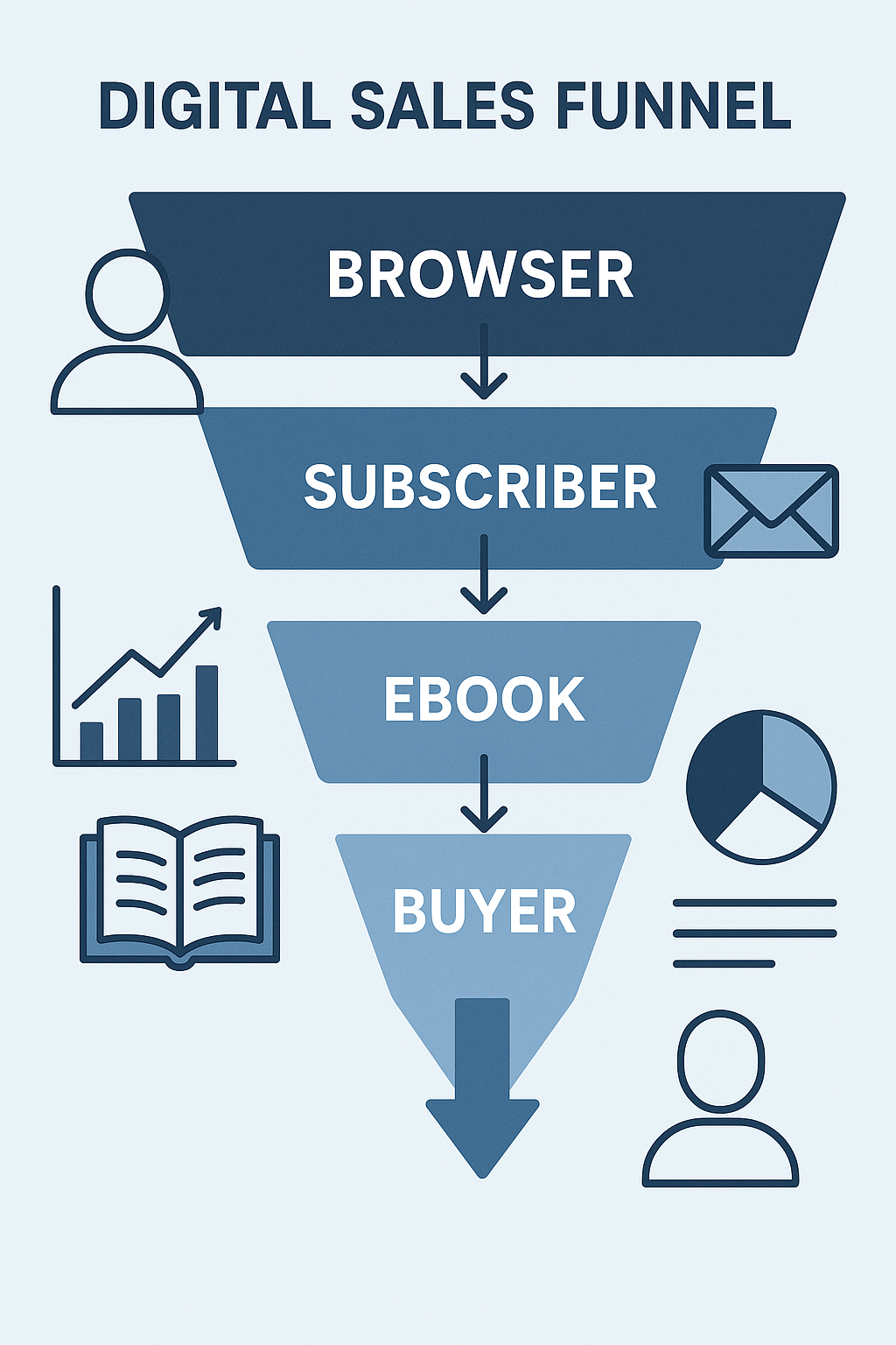 eBook sales machine showing conversion funnel from browser to buyer with key metrics