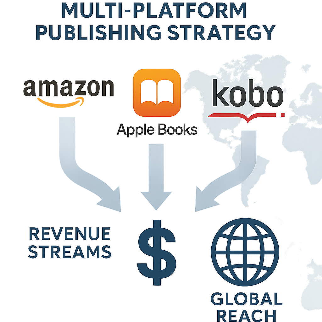 Multi-platform eBook publishing strategy across Amazon, Apple Books, and Kobo with revenue diversification