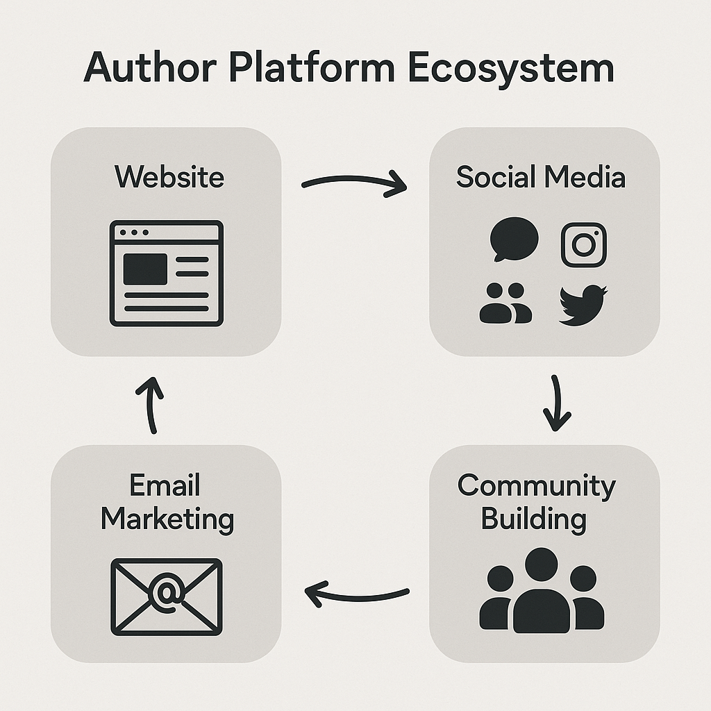 Complete author platform ecosystem showing integrated marketing channels and community building