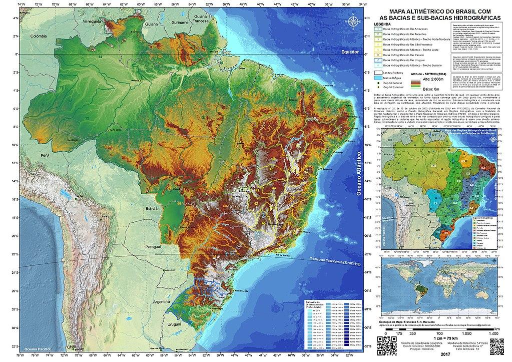 Altimetric map of Brazil illustrating the major hydrographic basins and sub-basins with varying elevations