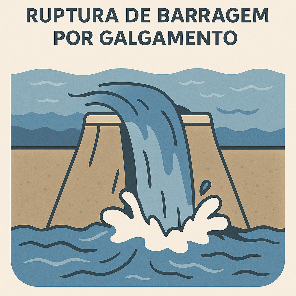 Esquema ilustrando ruptura de barragem por galgamento