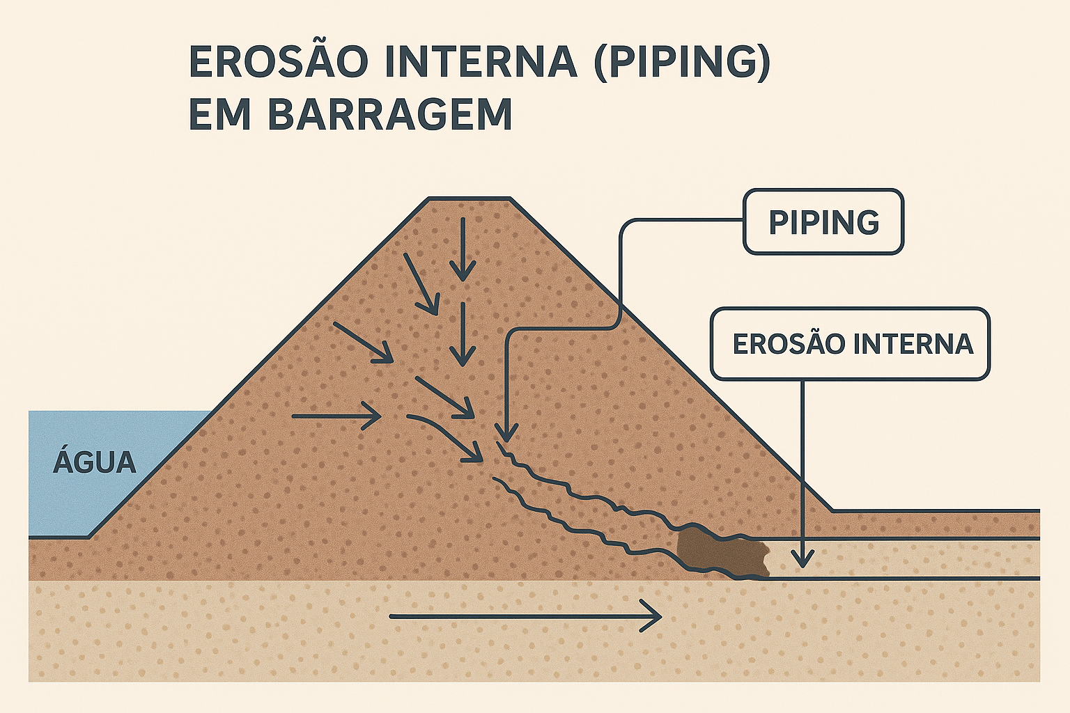 Diagrama do fenômeno de piping (erosão interna) em barragem