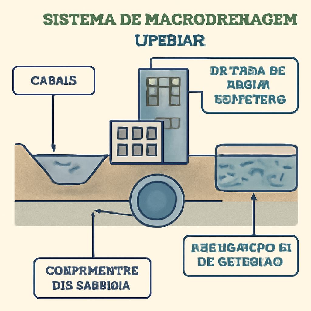 Esquema de sistema de macrodrenagem urbana com principais componentes