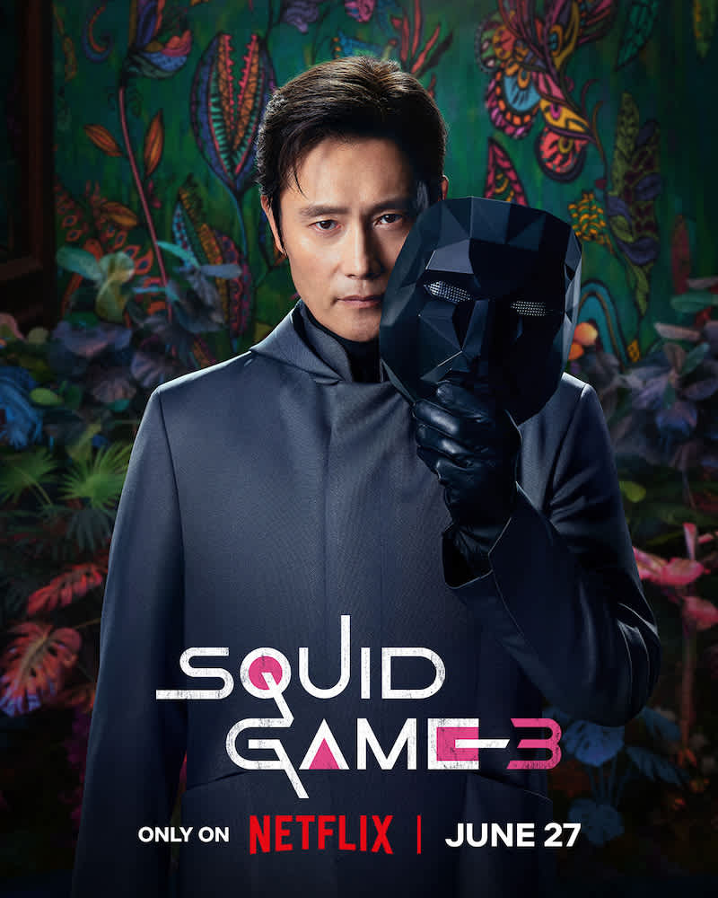 Promotional poster for 'Squid Game 3' featuring the Front Man and release details on Netflix.