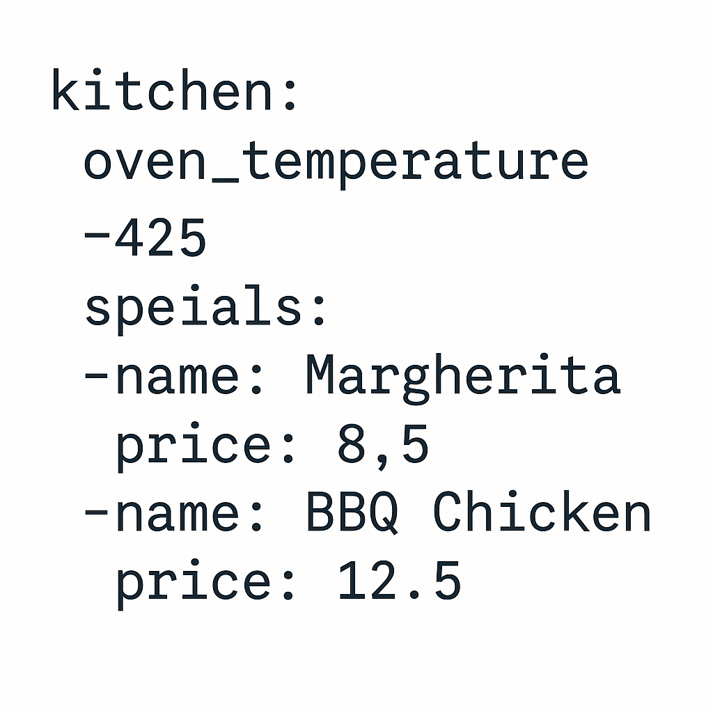 YAML code snippet from pizza restaurant example
