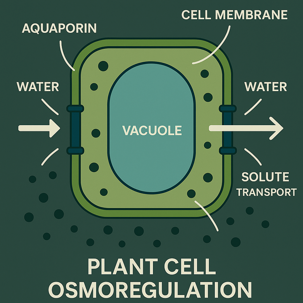 Esquema celular da osmorregulação em plantas mostrando mecanismos de transporte de água e solutos
