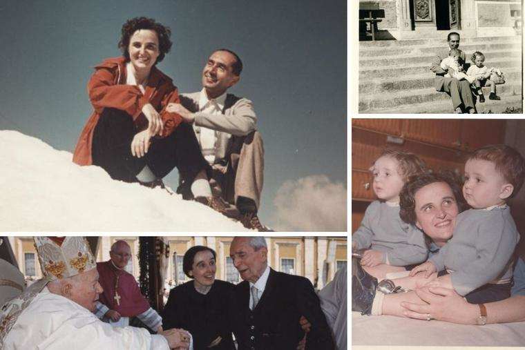 A collage depicting Saint Gianna Beretta Molla and her family, including moments with her husband and children, and her family's interaction with Pope John Paul II