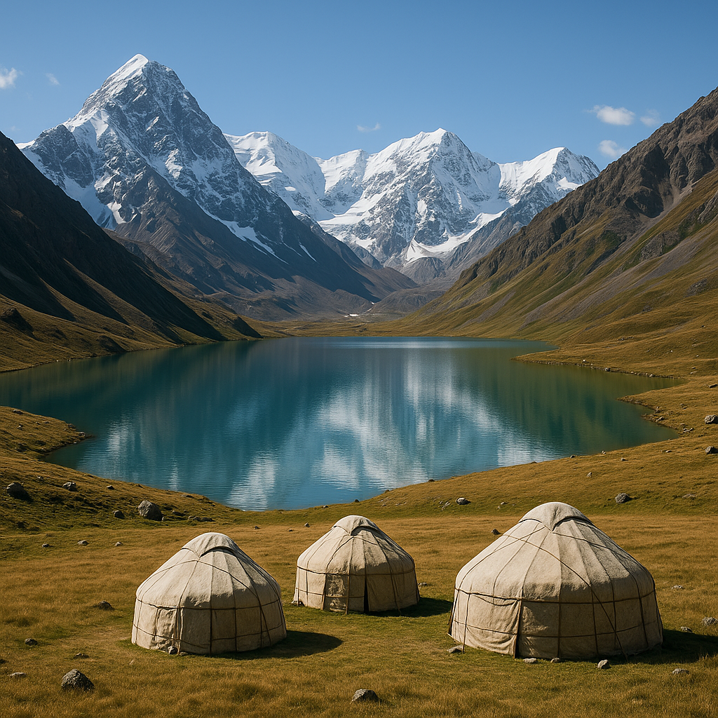 Stunning mountain lake scenery in Kyrgyzstan with traditional yurt accommodation