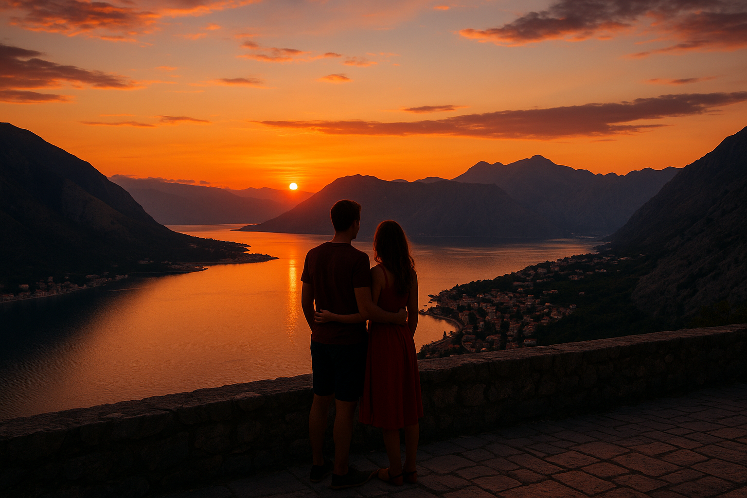 Romantic sunset over Montenegro's Bay of Kotor with lovers https://linktr.ee/jtravels7